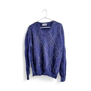 Pringle of Scotland Sweater XL Blue Argyle Cotton V-Neck Vintage Knit